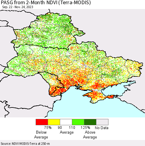 Ukraine, Moldova and Belarus PASG from 2-Month NDVI (Terra-MODIS) Thematic Map For 11/17/2023 - 11/24/2023