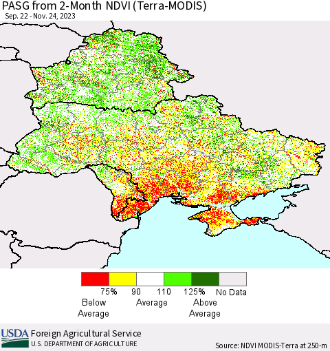 Ukraine, Moldova and Belarus PASG from 2-Month NDVI (Terra-MODIS) Thematic Map For 11/21/2023 - 11/30/2023