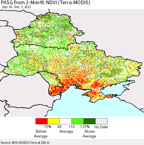 Ukraine, Moldova and Belarus PASG from 2-Month NDVI (Terra-MODIS) Thematic Map For 11/25/2023 - 12/2/2023