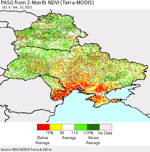 Ukraine, Moldova and Belarus PASG from 2-Month NDVI (Terra-MODIS) Thematic Map For 12/3/2023 - 12/10/2023