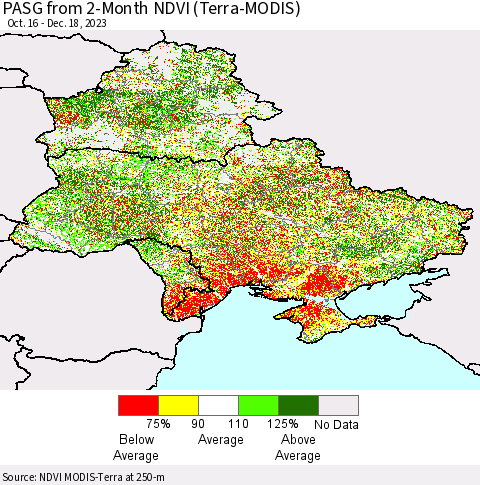 Ukraine, Moldova and Belarus PASG from 2-Month NDVI (Terra-MODIS) Thematic Map For 12/11/2023 - 12/18/2023