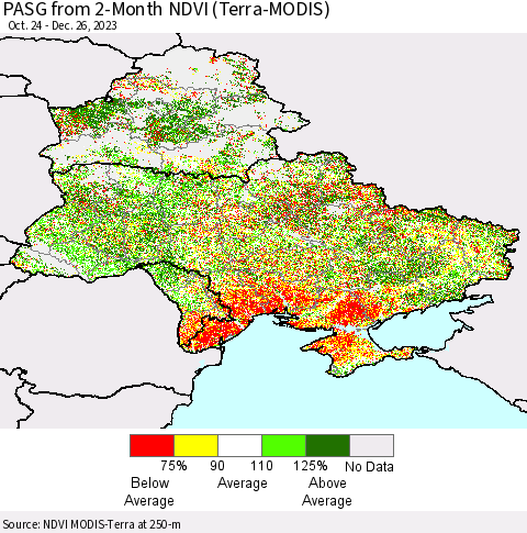 Ukraine, Moldova and Belarus PASG from 2-Month NDVI (Terra-MODIS) Thematic Map For 12/19/2023 - 12/26/2023