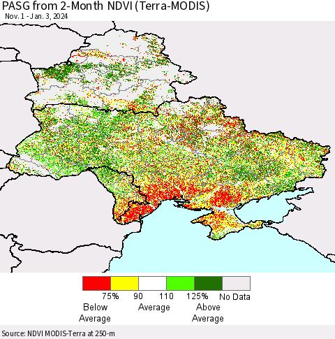 Ukraine, Moldova and Belarus PASG from 2-Month NDVI (Terra-MODIS) Thematic Map For 12/27/2023 - 1/3/2024