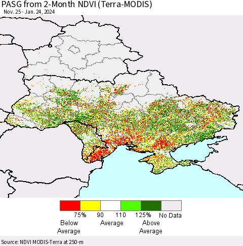 Ukraine, Moldova and Belarus PASG from 2-Month NDVI (Terra-MODIS) Thematic Map For 1/17/2024 - 1/24/2024