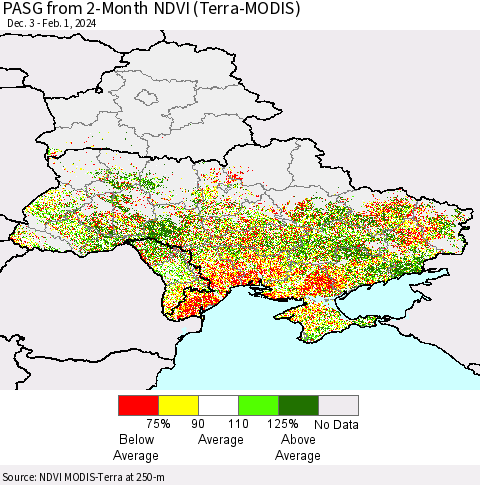 Ukraine, Moldova and Belarus PASG from 2-Month NDVI (Terra-MODIS) Thematic Map For 1/25/2024 - 2/1/2024