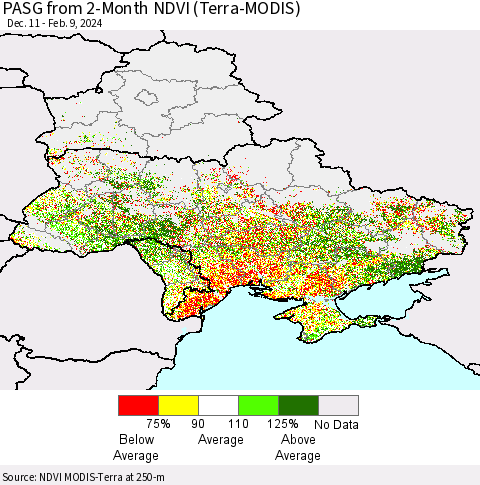 Ukraine, Moldova and Belarus PASG from 2-Month NDVI (Terra-MODIS) Thematic Map For 2/2/2024 - 2/9/2024