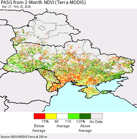 Ukraine, Moldova and Belarus PASG from 2-Month NDVI (Terra-MODIS) Thematic Map For 2/18/2024 - 2/25/2024