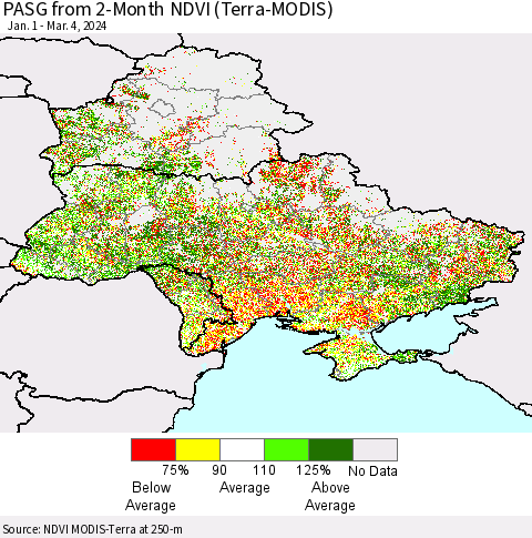 Ukraine, Moldova and Belarus PASG from 2-Month NDVI (Terra-MODIS) Thematic Map For 2/26/2024 - 3/4/2024