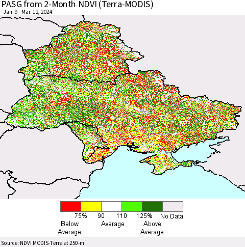 Ukraine, Moldova and Belarus PASG from 2-Month NDVI (Terra-MODIS) Thematic Map For 3/5/2024 - 3/12/2024