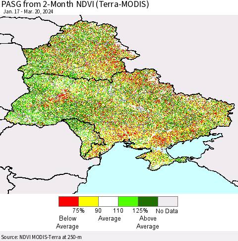 Ukraine, Moldova and Belarus PASG from 2-Month NDVI (Terra-MODIS) Thematic Map For 3/13/2024 - 3/20/2024