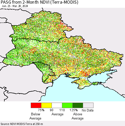 Ukraine, Moldova and Belarus PASG from 2-Month NDVI (Terra-MODIS) Thematic Map For 3/21/2024 - 3/28/2024