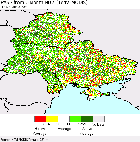 Ukraine, Moldova and Belarus PASG from 2-Month NDVI (Terra-MODIS) Thematic Map For 3/29/2024 - 4/5/2024