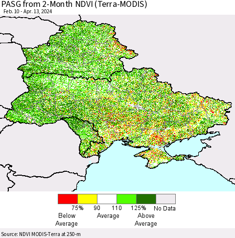 Ukraine, Moldova and Belarus PASG from 2-Month NDVI (Terra-MODIS) Thematic Map For 4/6/2024 - 4/13/2024