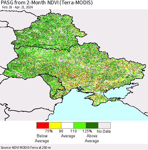 Ukraine, Moldova and Belarus PASG from 2-Month NDVI (Terra-MODIS) Thematic Map For 4/14/2024 - 4/21/2024