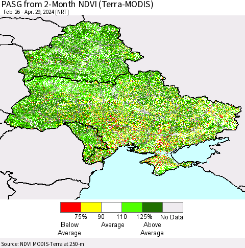 Ukraine, Moldova and Belarus PASG from 2-Month NDVI (Terra-MODIS) Thematic Map For 4/22/2024 - 4/29/2024