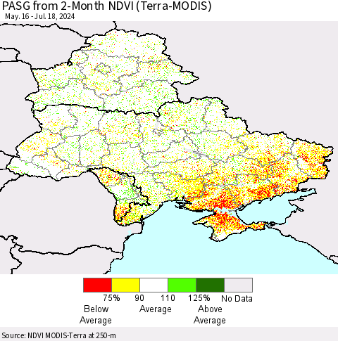 Ukraine, Moldova and Belarus PASG from 2-Month NDVI (Terra-MODIS) Thematic Map For 7/11/2024 - 7/18/2024
