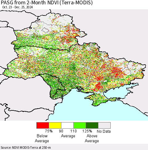 Ukraine, Moldova and Belarus PASG from 2-Month NDVI (Terra-MODIS) Thematic Map For 12/18/2024 - 12/25/2024