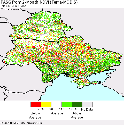 Ukraine, Moldova and Belarus PASG from 2-Month NDVI (Terra-MODIS) Thematic Map For 5/25/2025 - 6/1/2025