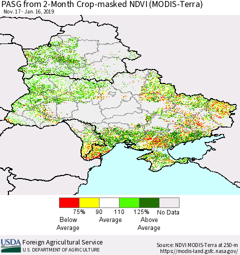 Ukraine, Moldova and Belarus PASG from 2-Month Cropland NDVI (Terra-MODIS) Thematic Map For 1/11/2019 - 1/20/2019