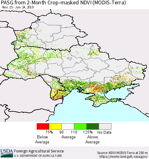 Ukraine, Moldova and Belarus PASG from 2-Month Cropland NDVI (Terra-MODIS) Thematic Map For 1/21/2019 - 1/31/2019
