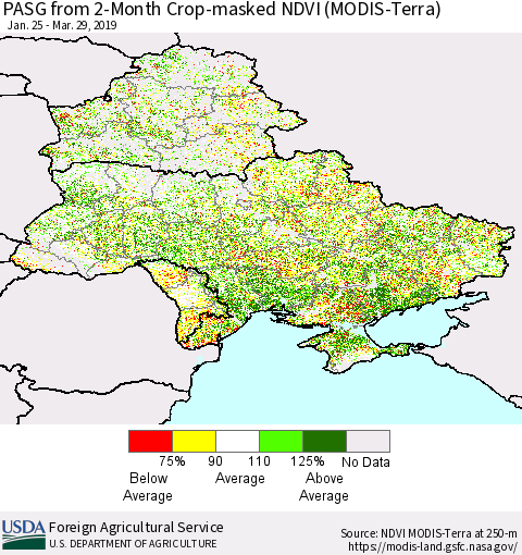 Ukraine, Moldova and Belarus PASG from 2-Month Cropland NDVI (Terra-MODIS) Thematic Map For 3/21/2019 - 3/31/2019