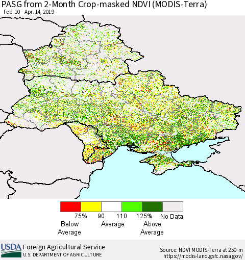 Ukraine, Moldova and Belarus PASG from 2-Month Cropland NDVI (Terra-MODIS) Thematic Map For 4/11/2019 - 4/20/2019