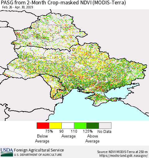 Ukraine, Moldova and Belarus PASG from 2-Month Crop-masked NDVI (MODIS-Terra) Thematic Map For 4/21/2019 - 4/30/2019