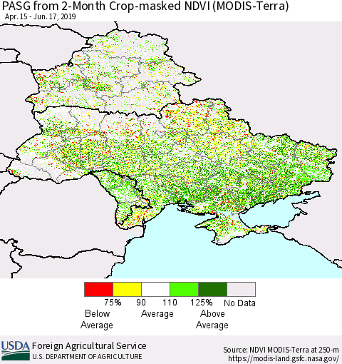 Ukraine, Moldova and Belarus PASG from 2-Month Cropland NDVI (Terra-MODIS) Thematic Map For 6/11/2019 - 6/20/2019