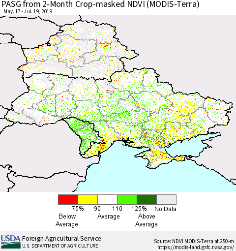 Ukraine, Moldova and Belarus PASG from 2-Month Cropland NDVI (Terra-MODIS) Thematic Map For 7/11/2019 - 7/20/2019