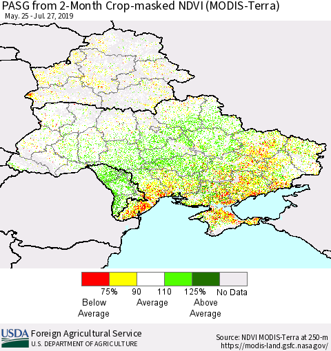 Ukraine, Moldova and Belarus PASG from 2-Month Crop-masked NDVI (MODIS-Terra) Thematic Map For 7/21/2019 - 7/31/2019