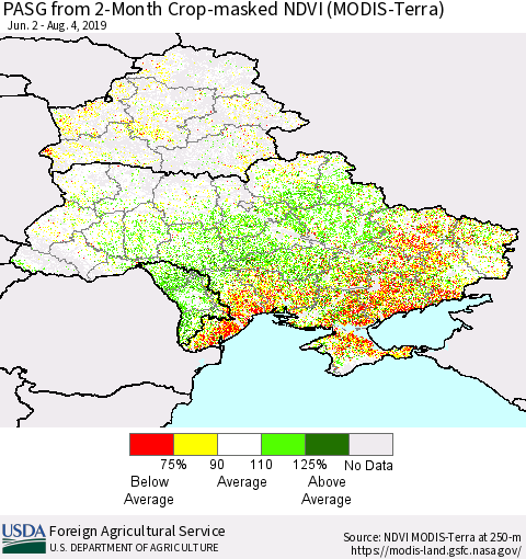Ukraine, Moldova and Belarus PASG from 2-Month Cropland NDVI (Terra-MODIS) Thematic Map For 8/1/2019 - 8/10/2019