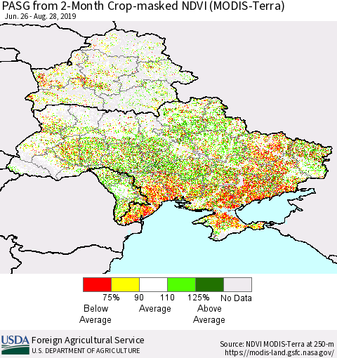 Ukraine, Moldova and Belarus PASG from 2-Month Crop-masked NDVI (MODIS-Terra) Thematic Map For 8/21/2019 - 8/31/2019