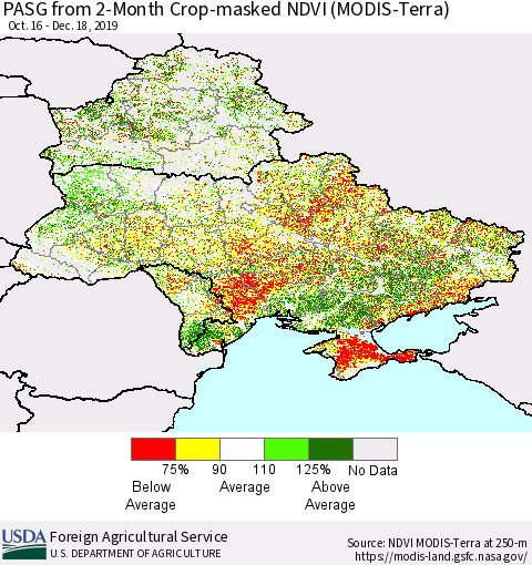 Ukraine, Moldova and Belarus PASG from 2-Month Cropland NDVI (Terra-MODIS) Thematic Map For 12/11/2019 - 12/20/2019