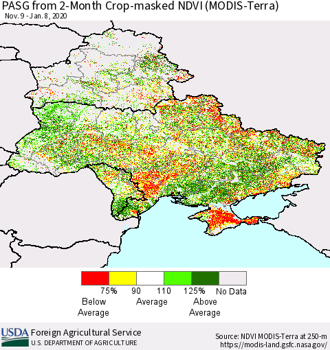Ukraine, Moldova and Belarus PASG from 2-Month Cropland NDVI (Terra-MODIS) Thematic Map For 1/1/2020 - 1/10/2020