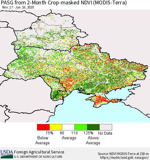 Ukraine, Moldova and Belarus PASG from 2-Month Cropland NDVI (Terra-MODIS) Thematic Map For 1/11/2020 - 1/20/2020