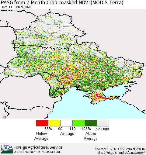 Ukraine, Moldova and Belarus PASG from 2-Month Cropland NDVI (Terra-MODIS) Thematic Map For 2/1/2020 - 2/10/2020