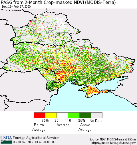 Ukraine, Moldova and Belarus PASG from 2-Month Cropland NDVI (Terra-MODIS) Thematic Map For 2/11/2020 - 2/20/2020