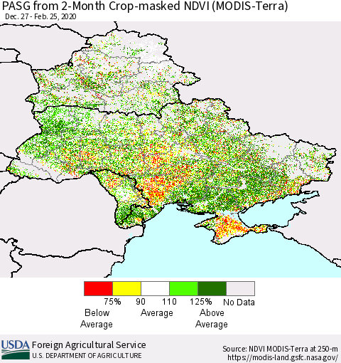 Ukraine, Moldova and Belarus PASG from 2-Month Cropland NDVI (Terra-MODIS) Thematic Map For 2/21/2020 - 2/29/2020