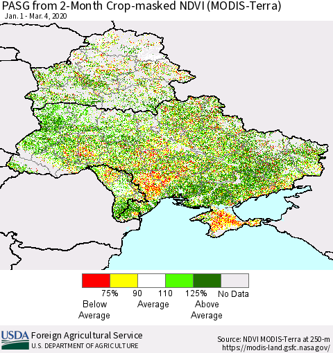 Ukraine, Moldova and Belarus PASG from 2-Month Cropland NDVI (Terra-MODIS) Thematic Map For 3/1/2020 - 3/10/2020