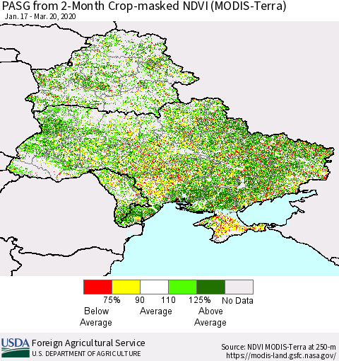 Ukraine, Moldova and Belarus PASG from 2-Month Cropland NDVI (Terra-MODIS) Thematic Map For 3/11/2020 - 3/20/2020