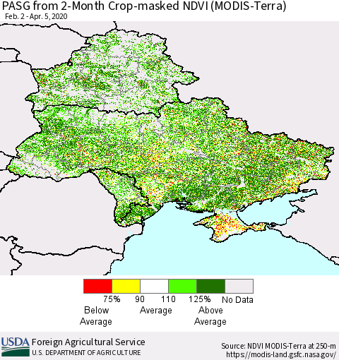 Ukraine, Moldova and Belarus PASG from 2-Month Cropland NDVI (Terra-MODIS) Thematic Map For 4/1/2020 - 4/10/2020