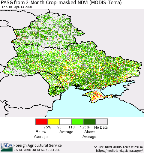 Ukraine, Moldova and Belarus PASG from 2-Month Cropland NDVI (Terra-MODIS) Thematic Map For 4/11/2020 - 4/20/2020