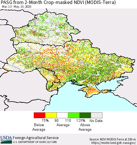 Ukraine, Moldova and Belarus PASG from 2-Month Cropland NDVI (Terra-MODIS) Thematic Map For 5/11/2020 - 5/20/2020
