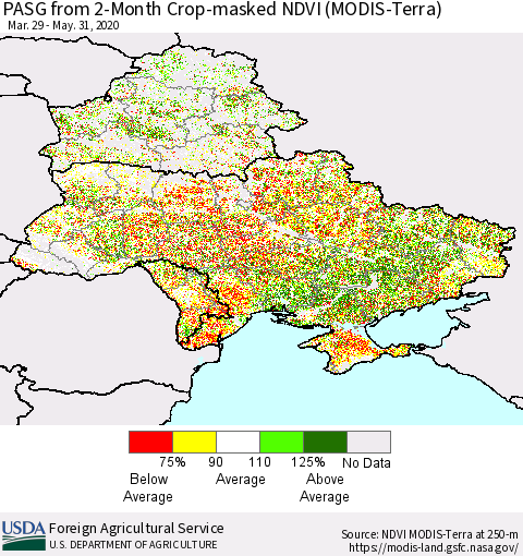 Ukraine, Moldova and Belarus PASG from 2-Month Cropland NDVI (Terra-MODIS) Thematic Map For 5/21/2020 - 5/31/2020
