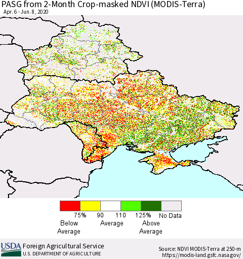Ukraine, Moldova and Belarus PASG from 2-Month Cropland NDVI (Terra-MODIS) Thematic Map For 6/1/2020 - 6/10/2020