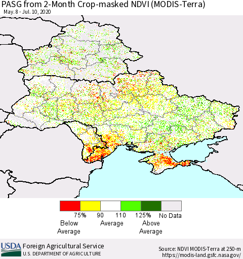 Ukraine, Moldova and Belarus PASG from 2-Month Cropland NDVI (Terra-MODIS) Thematic Map For 7/1/2020 - 7/10/2020