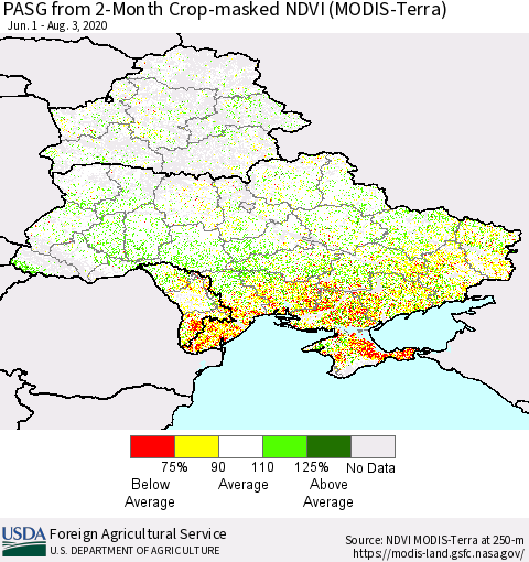 Ukraine, Moldova and Belarus PASG from 2-Month Cropland NDVI (Terra-MODIS) Thematic Map For 8/1/2020 - 8/10/2020