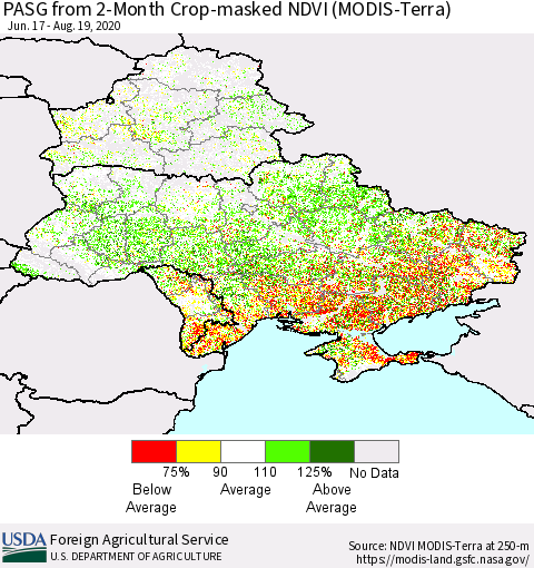 Ukraine, Moldova and Belarus PASG from 2-Month Cropland NDVI (Terra-MODIS) Thematic Map For 8/11/2020 - 8/20/2020