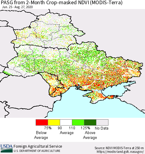 Ukraine, Moldova and Belarus PASG from 2-Month Cropland NDVI (Terra-MODIS) Thematic Map For 8/21/2020 - 8/31/2020