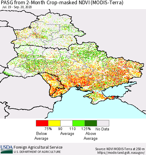 Ukraine, Moldova and Belarus PASG from 2-Month Cropland NDVI (Terra-MODIS) Thematic Map For 9/11/2020 - 9/20/2020